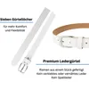 A white leather belt with a silver buckle is shown, along with a close-up of the belt's holes and a description of its features. Produktbild-Vorschau