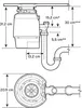 Diagram showing the dimensions of a garbage disposal unit and its plumbing connections. Produktbild-Vorschau