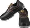 A pair of black safety shoes with orange laces and stitching, shown from a slightly elevated angle. Produktbild-Vorschau