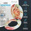 A toilet seat with a floral pattern is shown open, with marketing text and icons on the right side. Náhled obrázku produktu