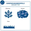 An illustration showing application examples for a garden tool, specifically for bushes, hedges, and grass. Produktbild-Vorschau