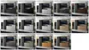 A collage of different color options for a modern dresser or cabinet unit, shown in various interior settings. Produktbild-Vorschau
