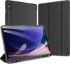 A black tablet case with a stylus holder is shown in multiple angles, with one tablet inside displaying a colorful wallpaper. Náhľad obrázku produktu
