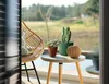 A small round table with potted plants and a decorative object on a patio or balcony, with a view of greenery outside. Produktbild-Vorschau