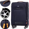 A collage of a navy blue suitcase, showing close-ups of its handle, wheels, and zipper pulls. Náhled obrázku produktu