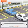 Two electric cars are parked in charging spots, with one car plugged into a charging station. The image highlights the length of the charging cable. Náhľad obrázku produktu
