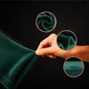 A hand is shown stretching a green fabric, with close-up insets highlighting the texture and water-repellent properties. Podgląd zdjęcia produktu