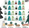 A collection of small, numbered bags arranged in rows, along with some accessories like clothespins and twine, presented on a white and light gray background with decorative Christmas tree elements. Produktbild-Vorschau