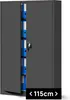 A dark gray metal filing cabinet with its doors open, revealing several blue binders on shelves. There is a key in the lock. Anteprima dell’immagine prodotto