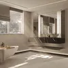 A modern bathroom with a freestanding bathtub, a marble vanity with sinks, and large windows. Podgląd zdjęcia produktu