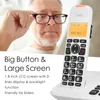An elderly man is adjusting his glasses while a cordless phone is shown in the foreground with its features highlighted. Produktbild-Vorschau