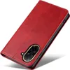 A red leather flip phone case is shown at an angle against a white background. Produktbild-Vorschau