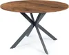 A round dining table with a wooden top and a dark metal base. Produktbild-Vorschau