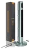 A tall, slender tower fan and its packaging box are presented against a white background. Accessories like a remote and power cord are also visible. Produktbild-Vorschau