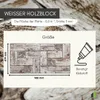 A marketing image showing a sample of white wood-look wall panels with dimensions and an illustration of glue. Produktbild-Vorschau