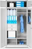 An open metal cabinet with various items stored inside, including folders, bottles, a jacket, and shoes. Produktbild-Vorschau
