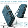 A blue phone case with a zipper and card slots, shown with cracked ground graphics to emphasize shock absorption. Produktbild-Vorschau