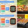 Collage showing a smart thermometer connected via Bluetooth to a phone app, and also showing food being grilled outdoors and indoors. Náhled obrázku produktu