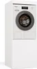 A white washing machine and dryer cabinet with a washing machine on top. Produktbild-Vorschau