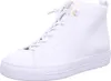 A white high-top sneaker with gold accents. Voir les images du produit