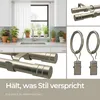 A collage showing a kitchen sink area with plants, close-ups of a double curtain rod, and curtain rings with clips. Produktbild-Vorschau