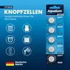 A blister pack of Alpalium CR2032 lithium button cell batteries, with accompanying icons and German text. Produktbild-Vorschau