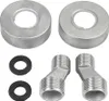 A collection of plumbing parts, including two circular metal escutcheons, two black rubber washers, and two angled metal pipe fittings with threaded ends. Podgląd zdjęcia produktu