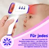 A hand holding a digital thermometer pointed at a baby's forehead, with marketing text and graphics. Produktbild-Vorschau
