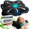 A woman is sleeping on an orthopedic neck pillow, with graphics illustrating airflow and support. Produktbild-Vorschau