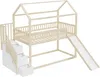 A wooden bunk bed with a house-shaped frame, a slide, and a staircase with drawers, set against a white background. Náhľad obrázku produktu