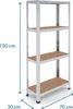 A metal shelving unit with wooden shelves, shown with dimensions indicated. Anteprima dell’immagine prodotto