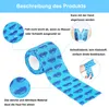 A roll of blue cohesive bandage with a pattern of blue cartoonish clouds, with callout bubbles describing its features. Produktbild-Vorschau