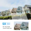 A row of Victorian-style houses with a digital zoom overlay and text describing camera features. Voir les images du produit