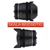 Two views of a Samyang lens are shown against a white background, separated by a red banner with text. Produktbild-Vorschau