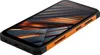 A rugged smartphone with an orange frame and a dark, abstract wallpaper on its screen, shown at an angle against a white background. Voir les images du produit