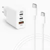 A white USB-C charger with multiple ports and two white USB-C cables on a white background. Produktbild-Vorschau