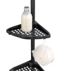 A close-up of a black corner shower caddy with a bottle of lotion and a loofah. Náhled obrázku produktu