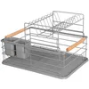 A gray metal dish drying rack with wooden handles and two gray plastic utensil holders. Náhľad obrázku produktu