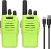 Two green walkie-talkies and two charging cables on a white background. Produktbild-Vorschau