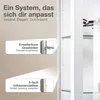 A close-up view of a white cabinet with glass shelves, highlighting adjustable shelves and expandable glass shelves with text callouts. Produktbild-Vorschau