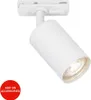 A white track light fixture with a cylindrical head is shown against a white background. A red circular overlay with text is in the lower left corner. Produktbild-Vorschau