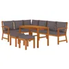 A wooden garden dining set with gray cushions and two ottomans, displayed on a white background. Náhľad obrázku produktu