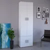 A tall, white, double-door cabinet is shown in a room with a gray wall and a chair. There is a painting and a plant to the left of the cabinet. Produktbild-Vorschau