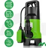 A green and black submersible pump with a float switch and a coiled hose icon, a gauge icon, a water drop icon, a hose icon, and a drainage icon on a white background. Anteprima dell’immagine prodotto