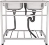 A stainless steel double sink with plumbing underneath, mounted on a metal frame. Podgląd zdjęcia produktu