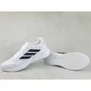 A pair of white Adidas running shoes with black stripes are displayed on a light gray concrete background. One shoe is shown from the side, and the other is shown from the sole. Produktbild-Vorschau