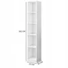 A tall, narrow white bookshelf with multiple shelves, shown with dimensions indicated. Podgląd zdjęcia produktu