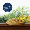 A bowl of birdseed is placed on a wooden surface with greenery and yellow flowers in the background. A blue circle with text is in the upper left corner. Produktbild-Vorschau
