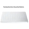 A silver-colored square shower head with many small holes for water to spray through, shown from a slightly elevated angle against a white background. Text above the shower head reads 'Fantastisches Duscherlebnis'. Produktbild-Vorschau