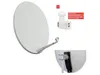 A satellite dish and LNB are displayed against a white background. Produktbild-Vorschau